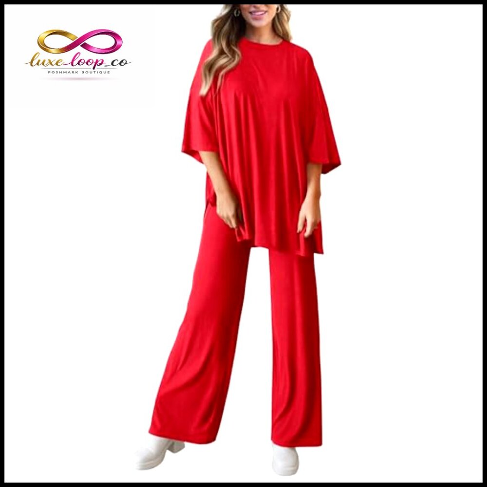 Soft Knit Lounge Set with Wide Leg Pants and Crewneck‎ Top - Picture 5 of 7